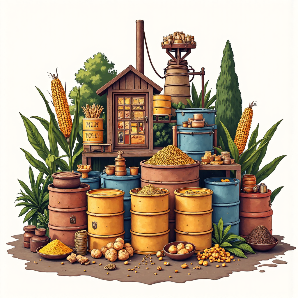 stylized illustration showing diverse commodities such as crude oil barrels precious metals copper ore and agricultural products like corn and soybeans arranged in a balanced composition