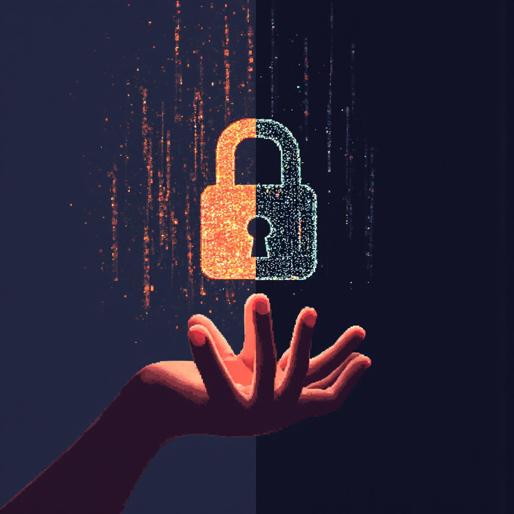 A visual metaphor split into two halves one side shows a bright open padlock icon with swirling data streams flowing into it on the other dark side a single glowing key is held securely in a protected hand symbolizing the private key