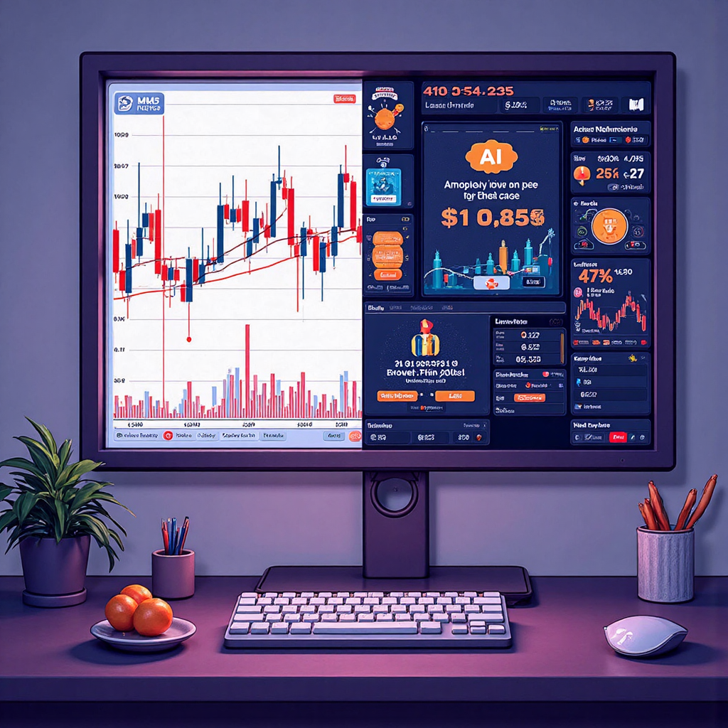 GMMA 移動平均線指標與 AI 簡報工具 Gamma App 的雙重定義像素藝術插圖，展示金融圖表與 AI 生成簡報的融合