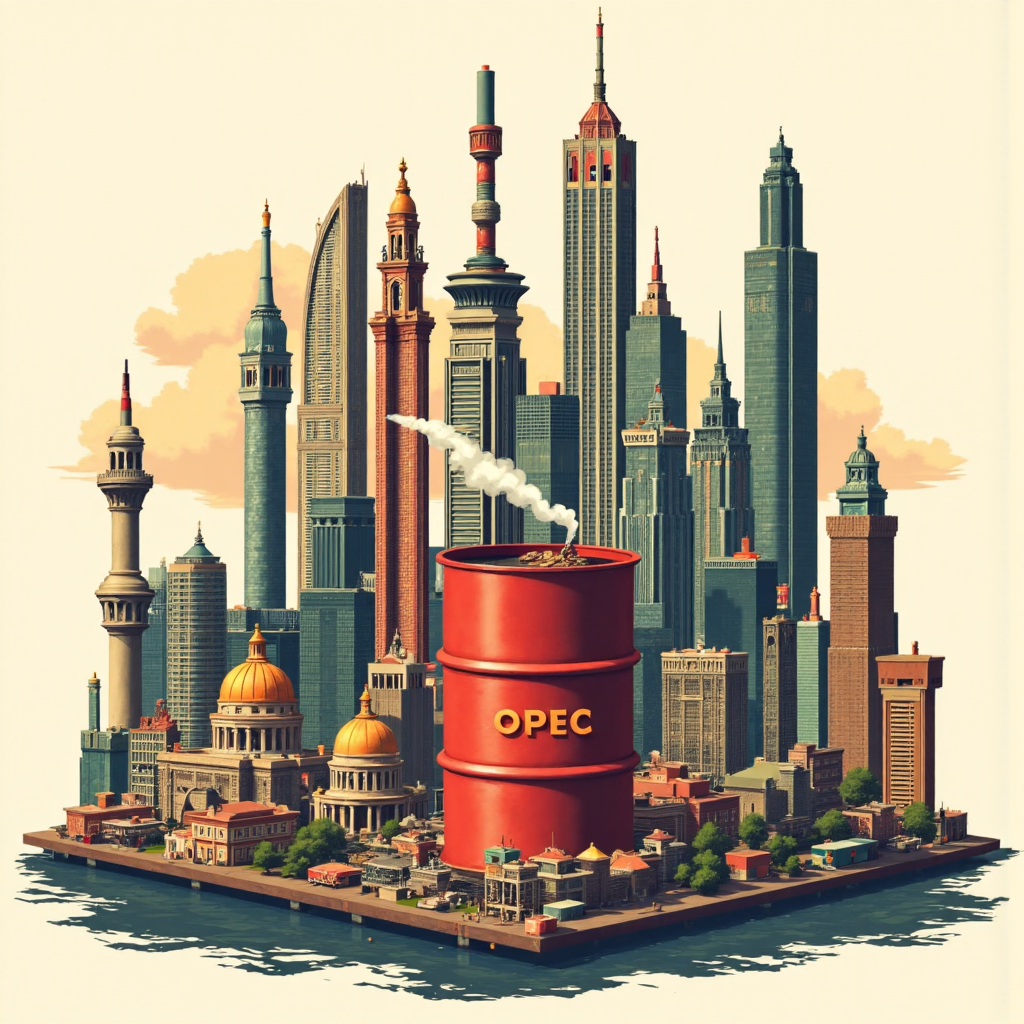 A collage of iconic landmarks from founding OPEC nations like Iran Iraq Kuwait Saudi Arabia and Venezuela forming a united front around a steaming oil barrel