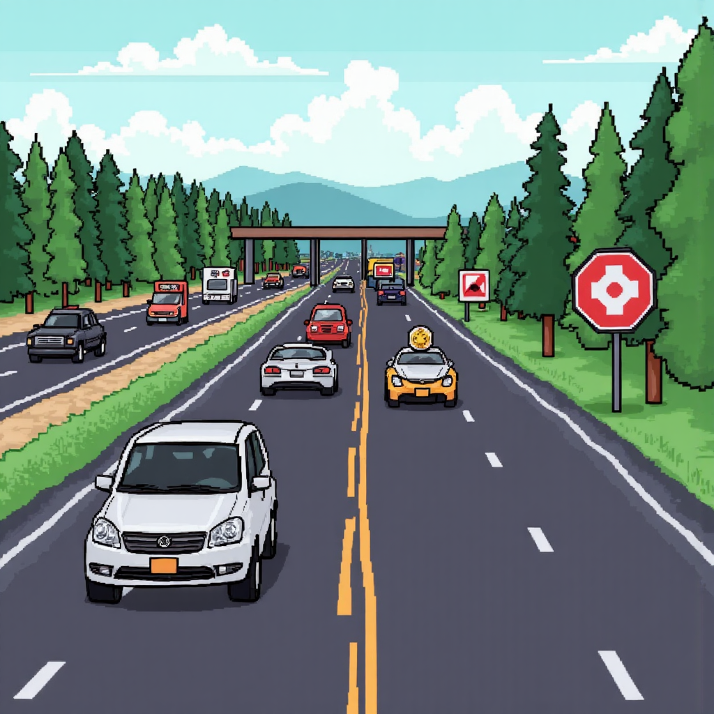 卡通風格插圖，背景為擁擠的以太坊高速公路，前景是平順的 Polygon 側路，MATIC 代幣如收費站或燃料泵，轻鬆明快的視覺呈現