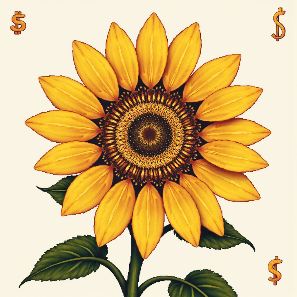 stylized botanical illustration of a sunflower with its seed arrangement forming a golden spiral alongside abstract representations of abstract financial symbols