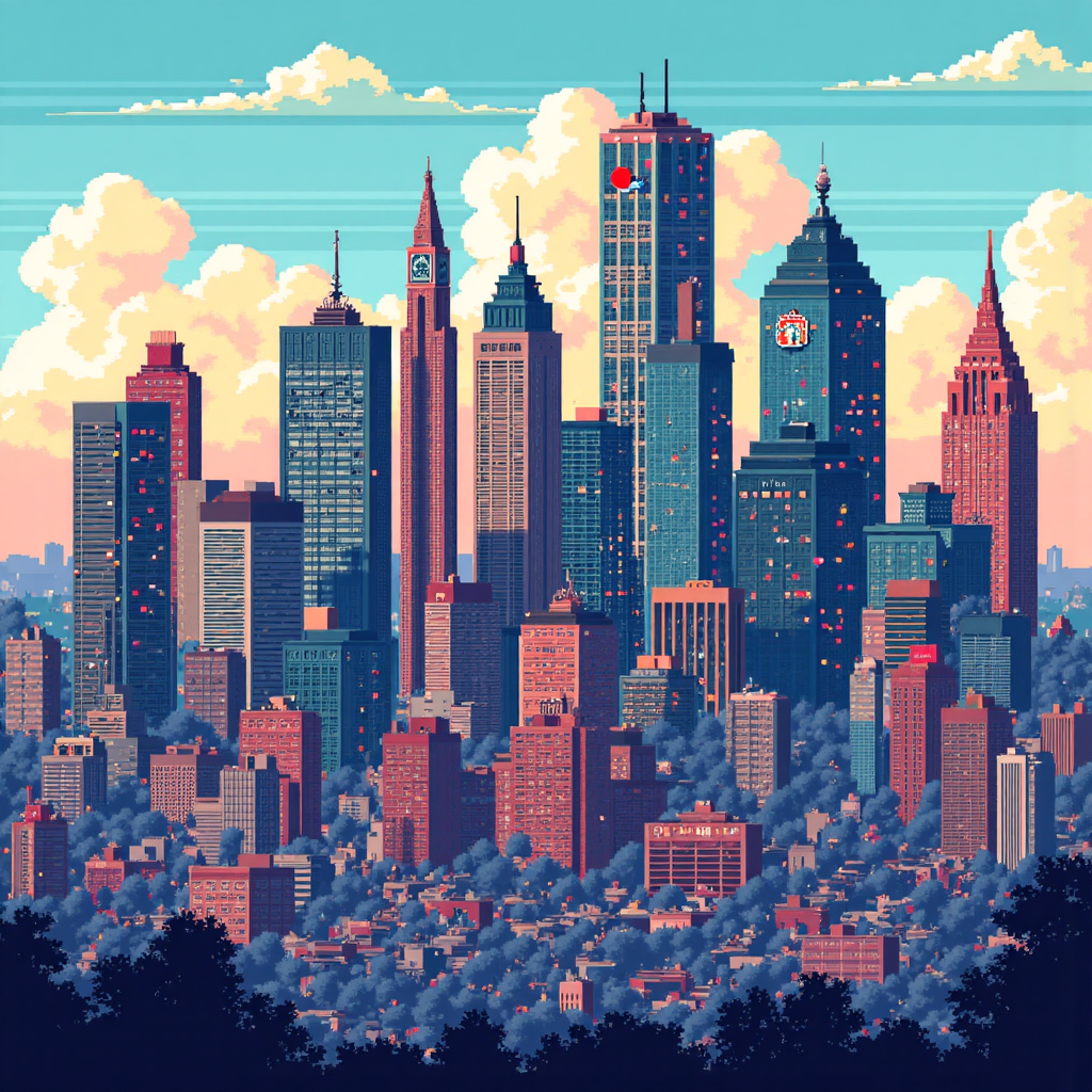a vibrant illustration of diverse tech giants like apple amazon google and meta with their iconic logos subtly integrated into a cityscape under a bright optimistic sky
