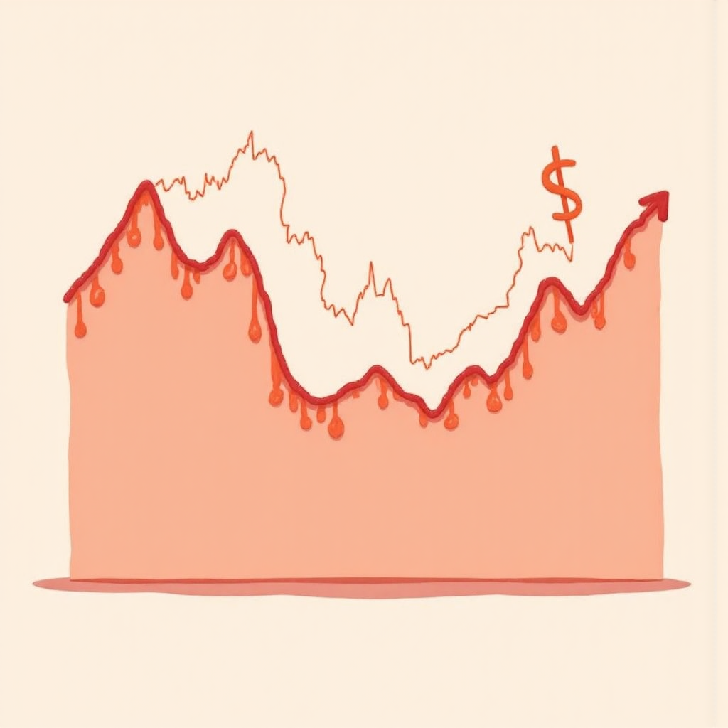 A whimsical illustration of a stock market chart showing two distinct peaks forming the letter M with a downward trendline connecting them in a warm pastel color palette