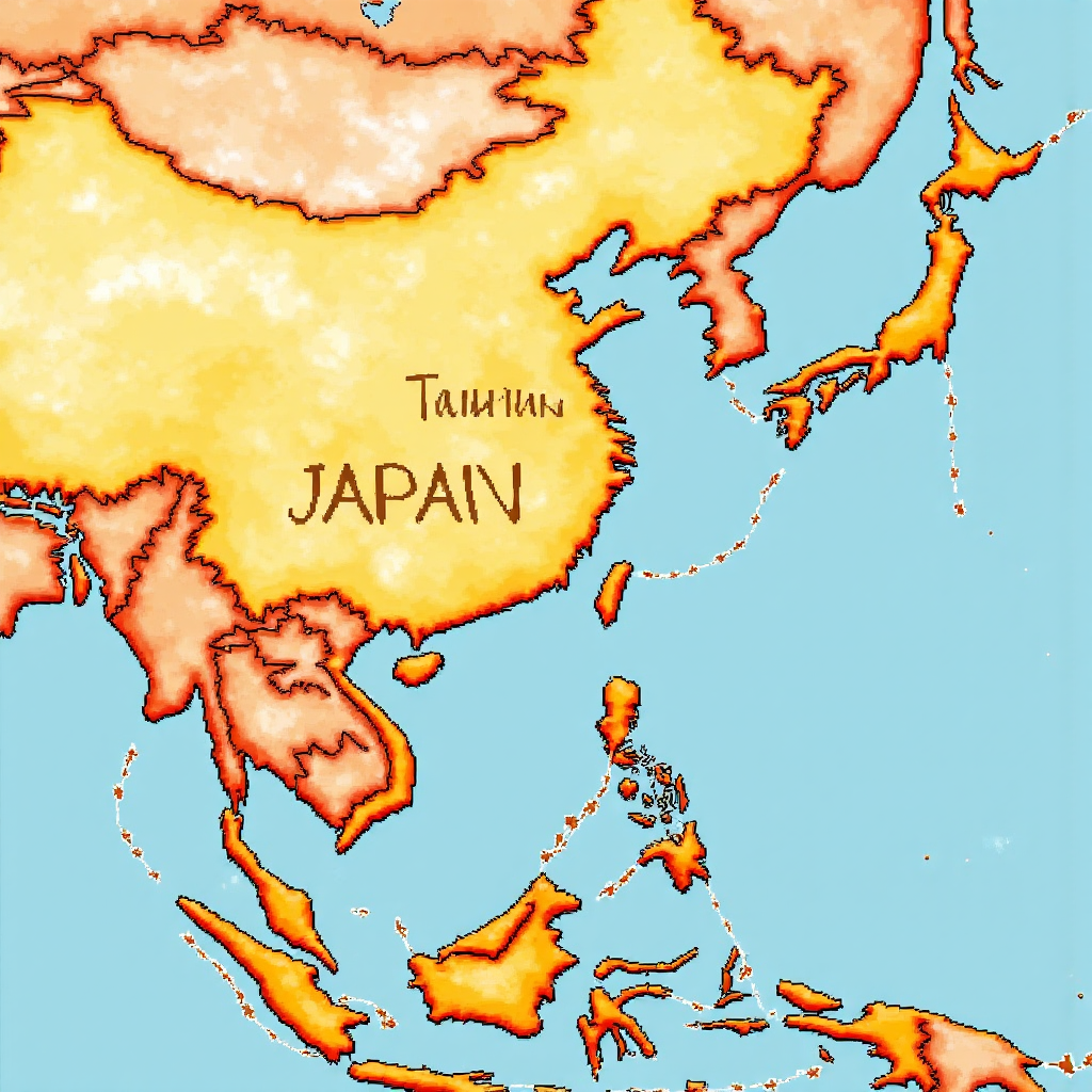 東亞地圖聚焦日本與台灣,連結金融流線並融入旅遊成本與投資機會的溫暖水彩風格插圖