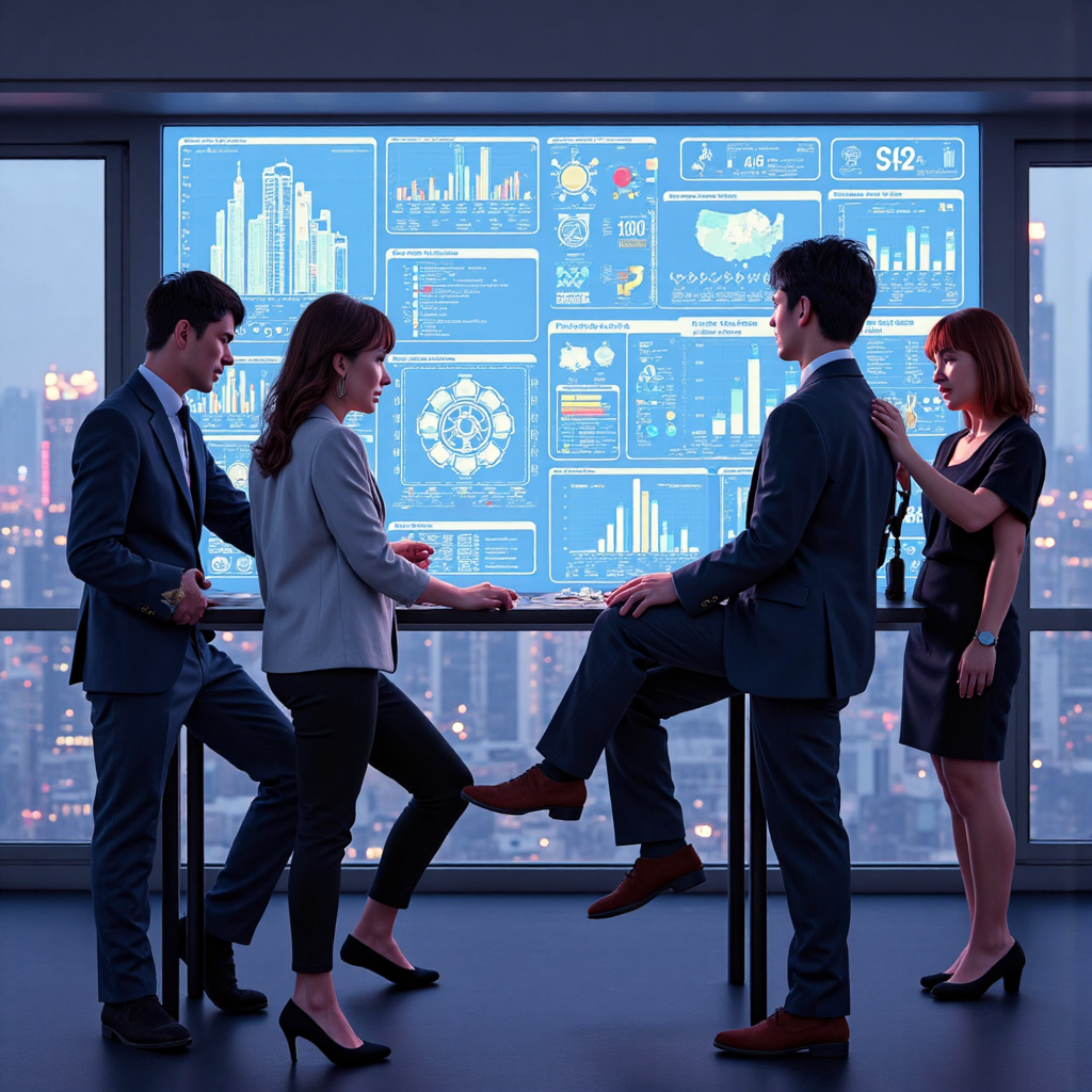 A diverse group of Taiwanese business professionals collaborating around a holographic display showcasing MMPro dashboard analytics