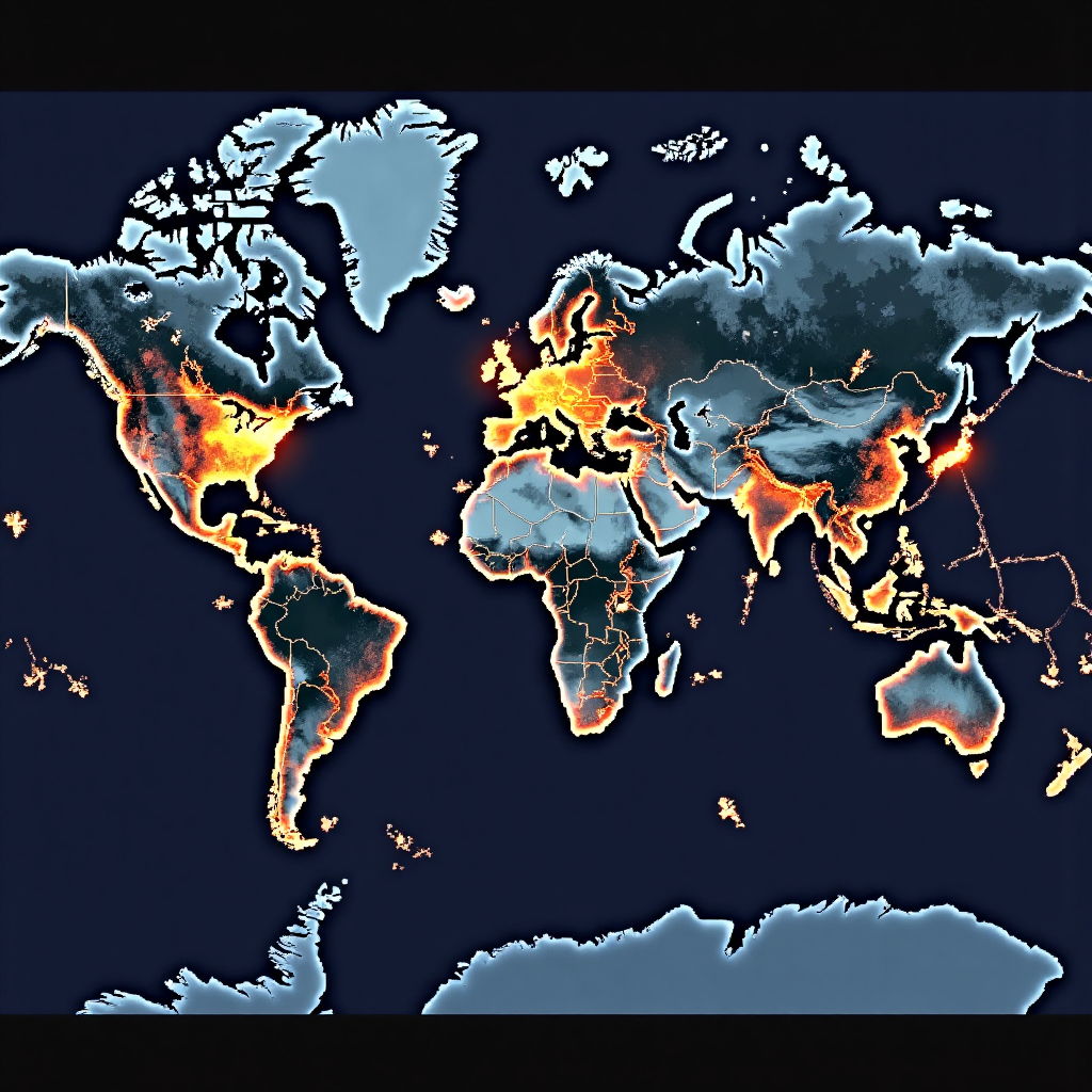 An intricate map of the world showing interconnected geopolitical hotspots glowing with intense light a delicate balance of global power represented by orbiting celestial bodies a soft ethereal glow emanates from the earth conveying a sense of global tension and fragility