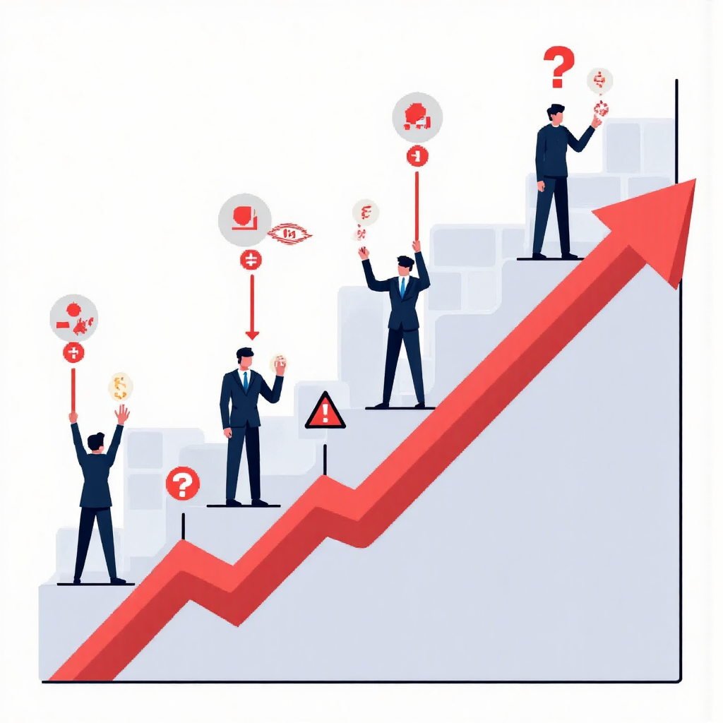 illustration of a financial chart with prominent spikes representing FAANG stocks interspersed with small caution signs and question marks symbolizing risk management