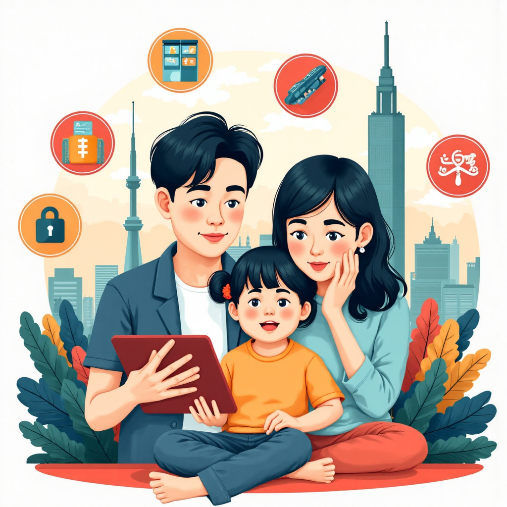 A vibrant illustration showcasing a Taiwanese family thoughtfully reviewing insurance policies on a tablet with a diverse range of financial and health icons floating around them against a backdrop of Taiwanese landmarks symbolizing security and future planning