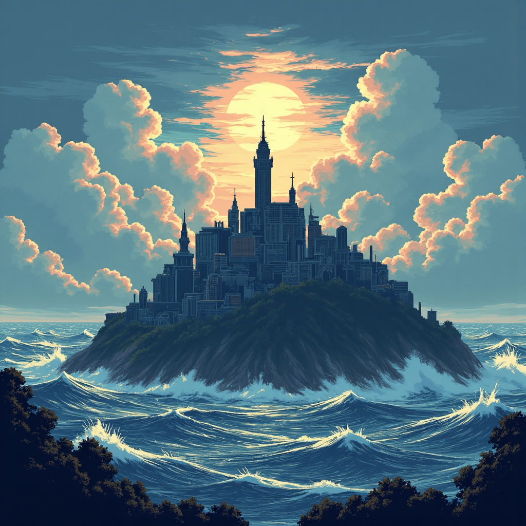 A stylized illustration of Taiwan as a resilient island fortress surrounded by swirling winds and shifting geopolitical currents a bright beacon of technological innovation shining through the storm showcasing its strategic importance and advanced industries