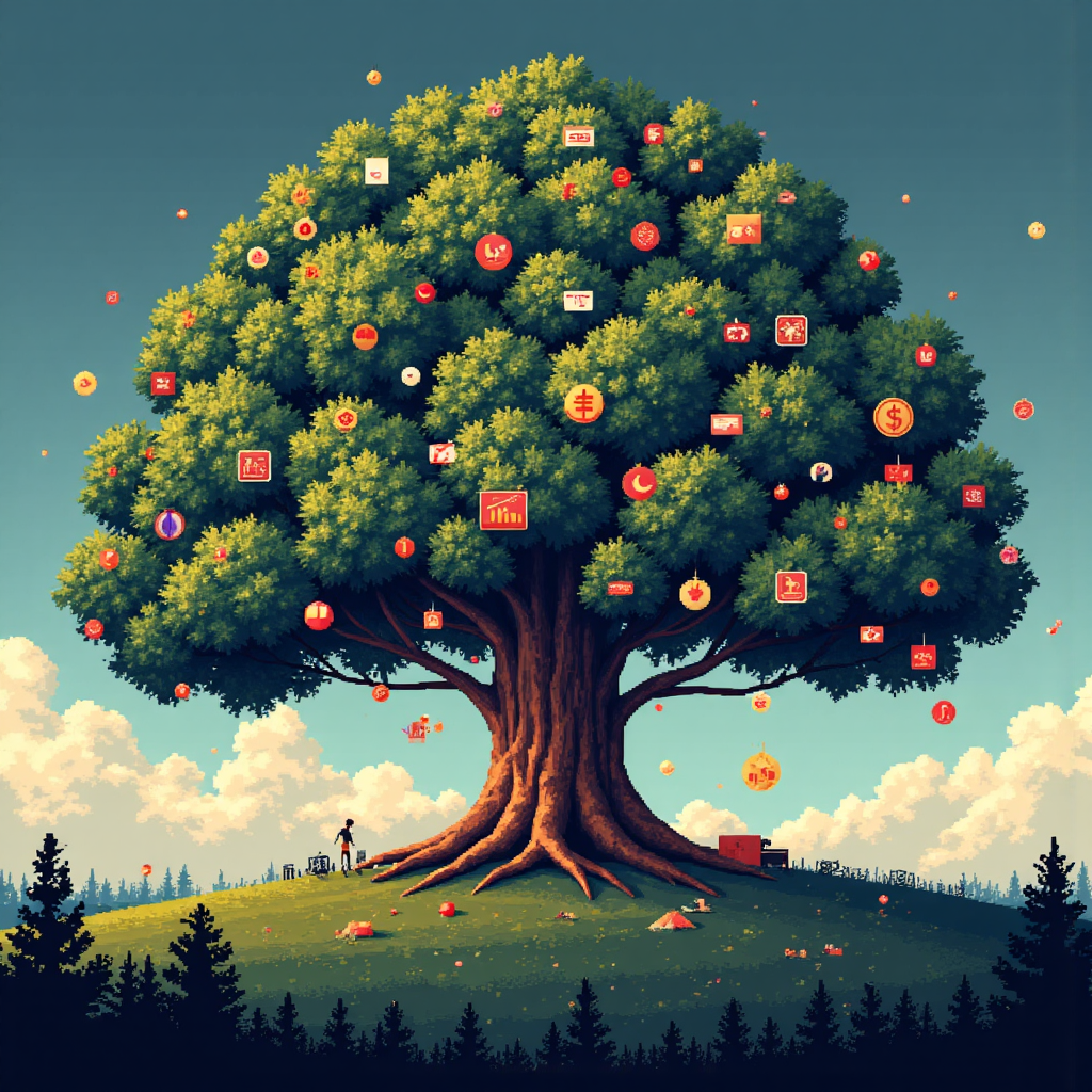 A stylized visual representation of a central bank's balance sheet expanding like a growing tree with branches reaching out to various financial market symbols such as stocks bonds and currency charts warm inviting glow