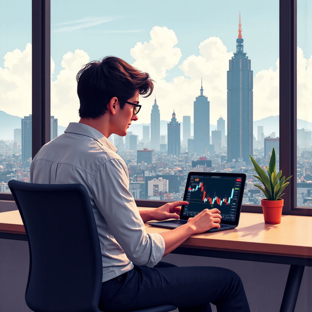 交易者查看 Autochartist 訊號的平板畫面，以台北市景為背景的數位繪畫，傳達樂觀的台灣交易氛圍