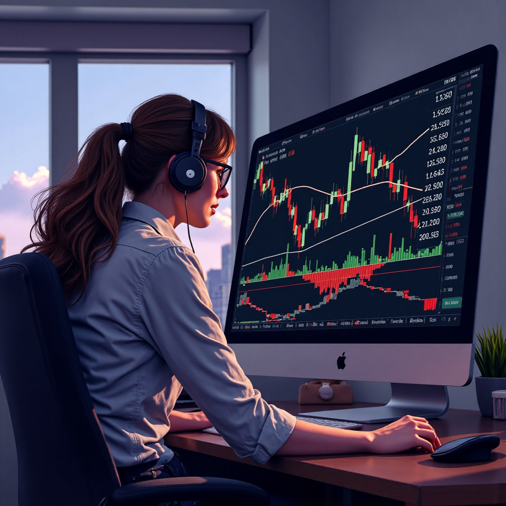 An artistic representation of a trader analyzing a financial chart with superimposed Bollinger Bands and RSI indicators highlighting a bearish divergence signal during a double top formation