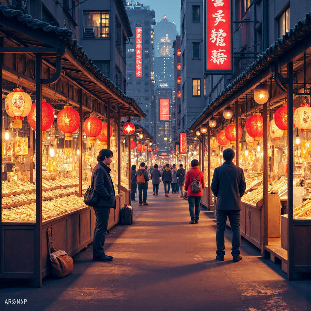 台灣熱鬧市場場景,充滿閃耀黃金攤位,購物者細心比價,柔和節慶燈光下
