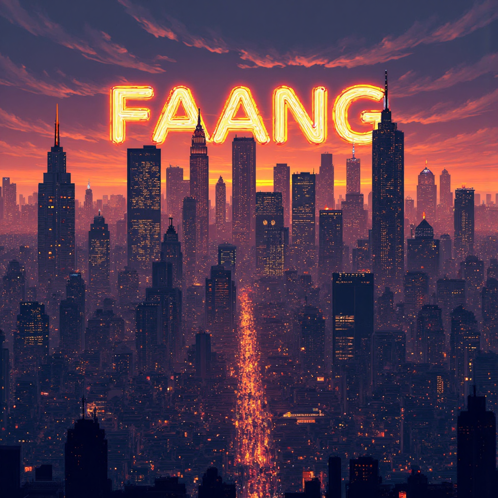 illustration of glowing golden letters FAANG and FANMAG forming a towering digital city skyline vibrant futuristic atmosphere
