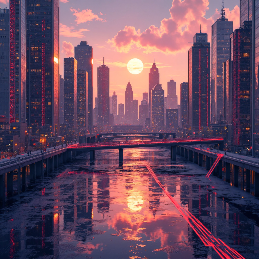 新價線技術在金融市場的未來城市景觀，發光線條代表價格動能與數據流動，溫暖色調展現動態能量