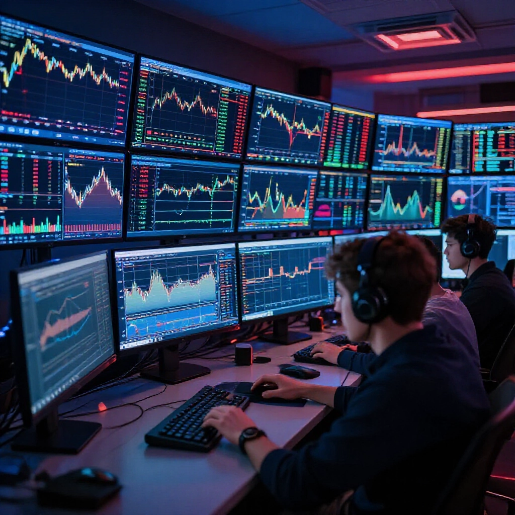 未來感加密交易所介面，貸款人存入閃耀 USDT、BTC、ETH 至綠葉形貸款池，交易員借資金的動感數位市場