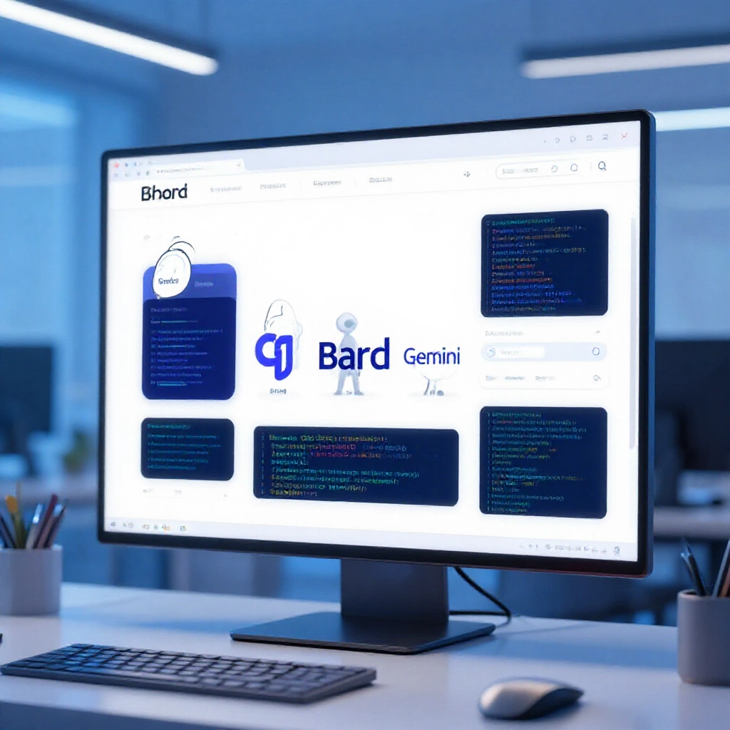 AI 聊天介面從 Bard 演進到 Gemini，展示文字、程式碼、圖像與搜尋整合的現代畫面