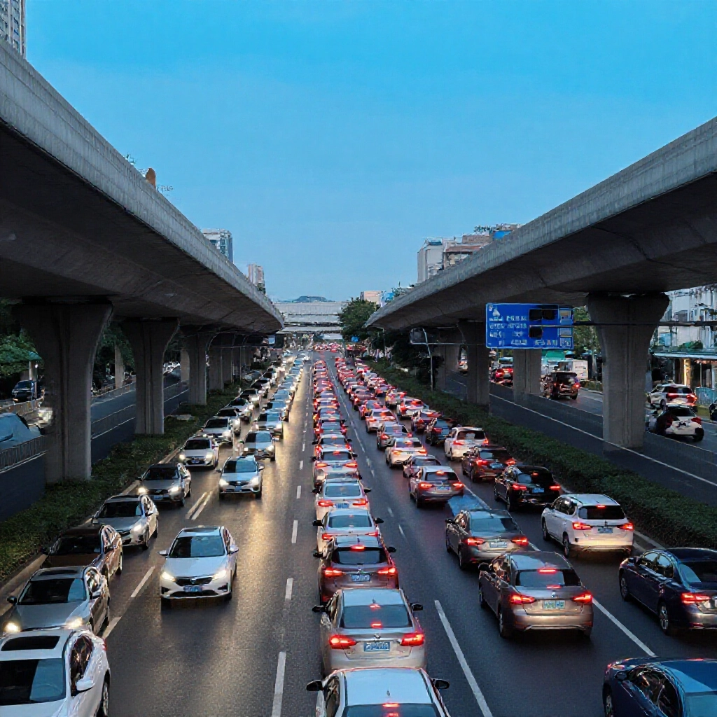 市區尖峰擁擠馬路旁的高架快車道，車流快速暢通對比緩慢塞車