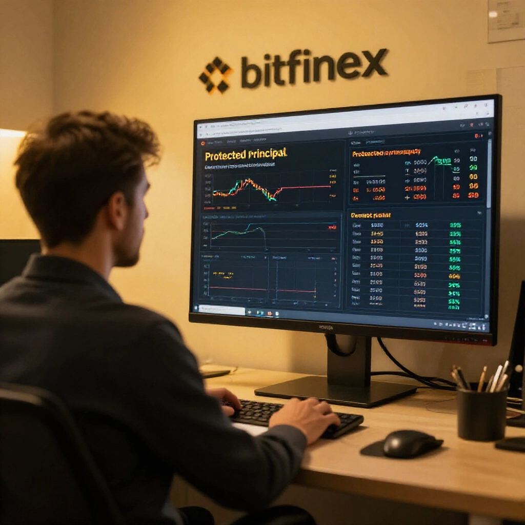 投資人像數位銀行般提供槓桿資金，Bitfinex 畫面顯示本金保護和高利息，暖金色調顯得穩健可靠