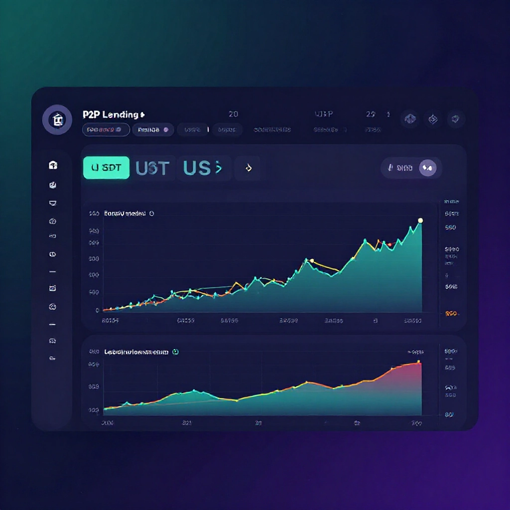Bitfinex 平台介面顯示 USDT 和美金放貸選項，供需圖表色彩鮮豔，利率曲線向上攀升，深色背景專業感十足