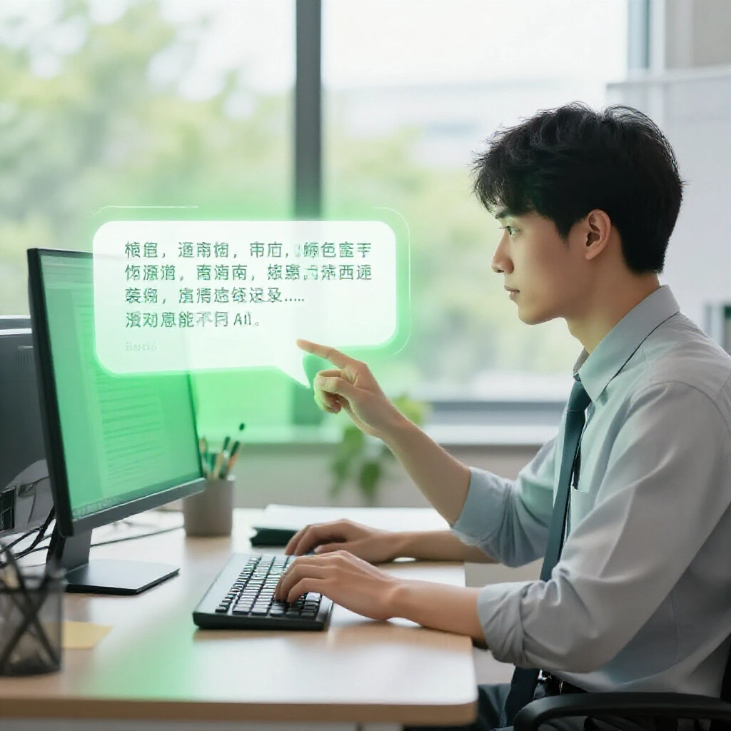 上班族在日光窗邊操作英文按鈕 AI，輸入中文對話框獲自然回應，螢幕反射綠調專注敲鍵