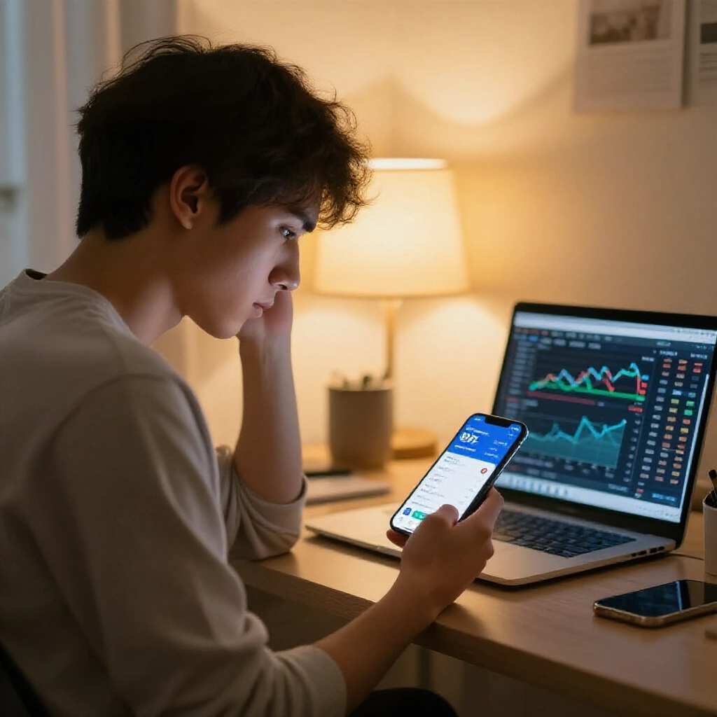 年輕使用者盯著手機Pi App餘額，一邊比對OKX交易所價格波動，居家辦公室燈光柔和顯露困惑