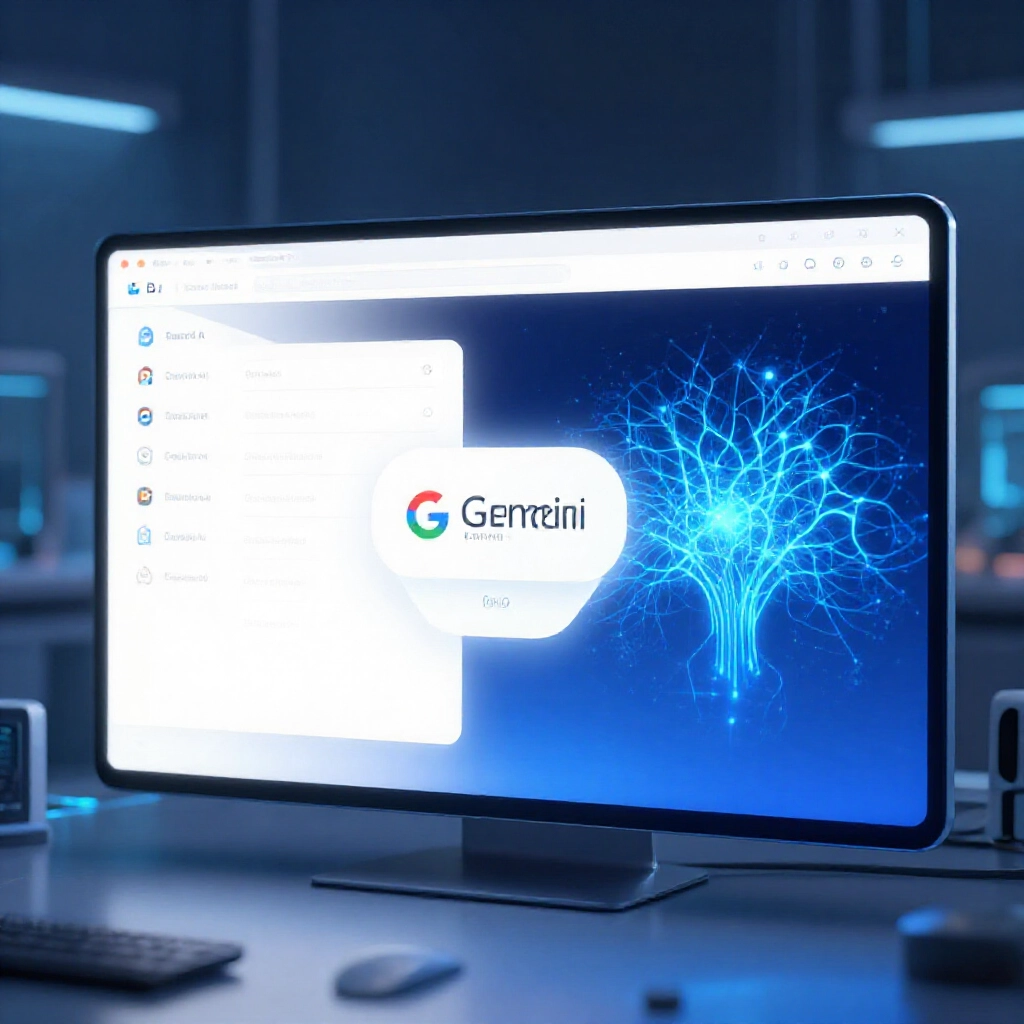 Gemini AI 介面在科技實驗室中轉變，藍色光芒環繞神經網路，展現 Google 最新演進