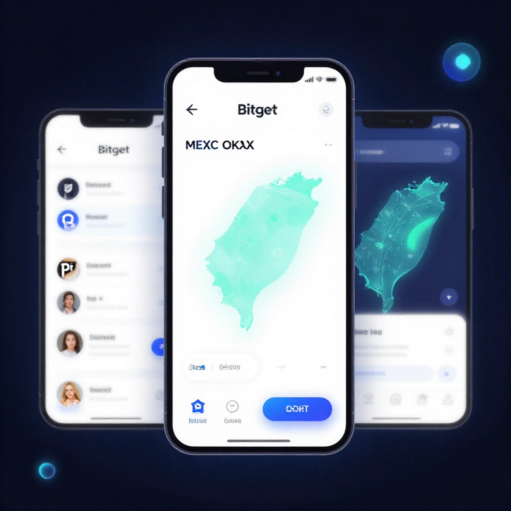 使用者友善的加密App介面，顯示Bitget、MEXC、OKX的Pi交易選項，台灣地圖疊加，柔和霓虹燈營造親切氛圍