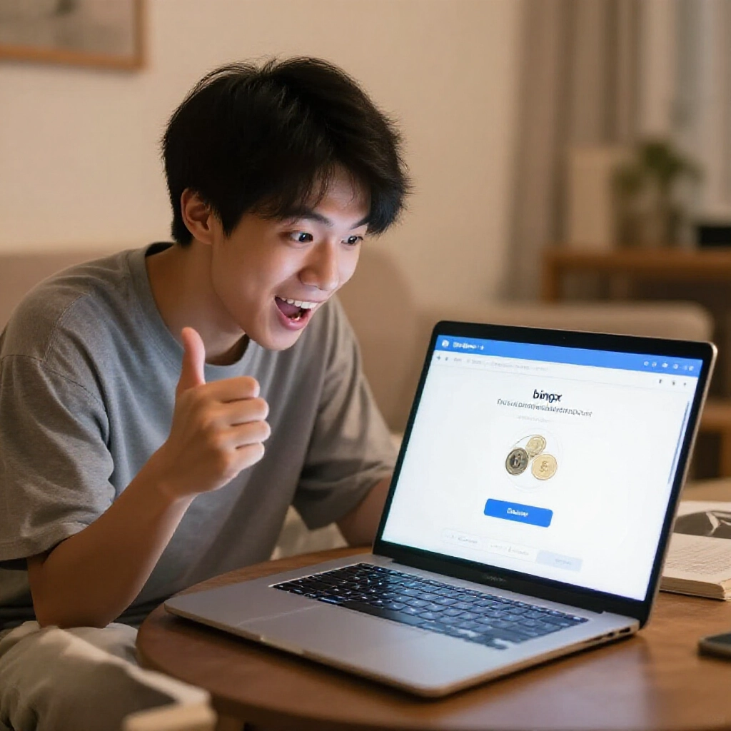 台灣年輕加密新手在公寓興奮玩BingX App，顯示親民介面與虛擬金練習，溫馨燈光輕鬆氛圍