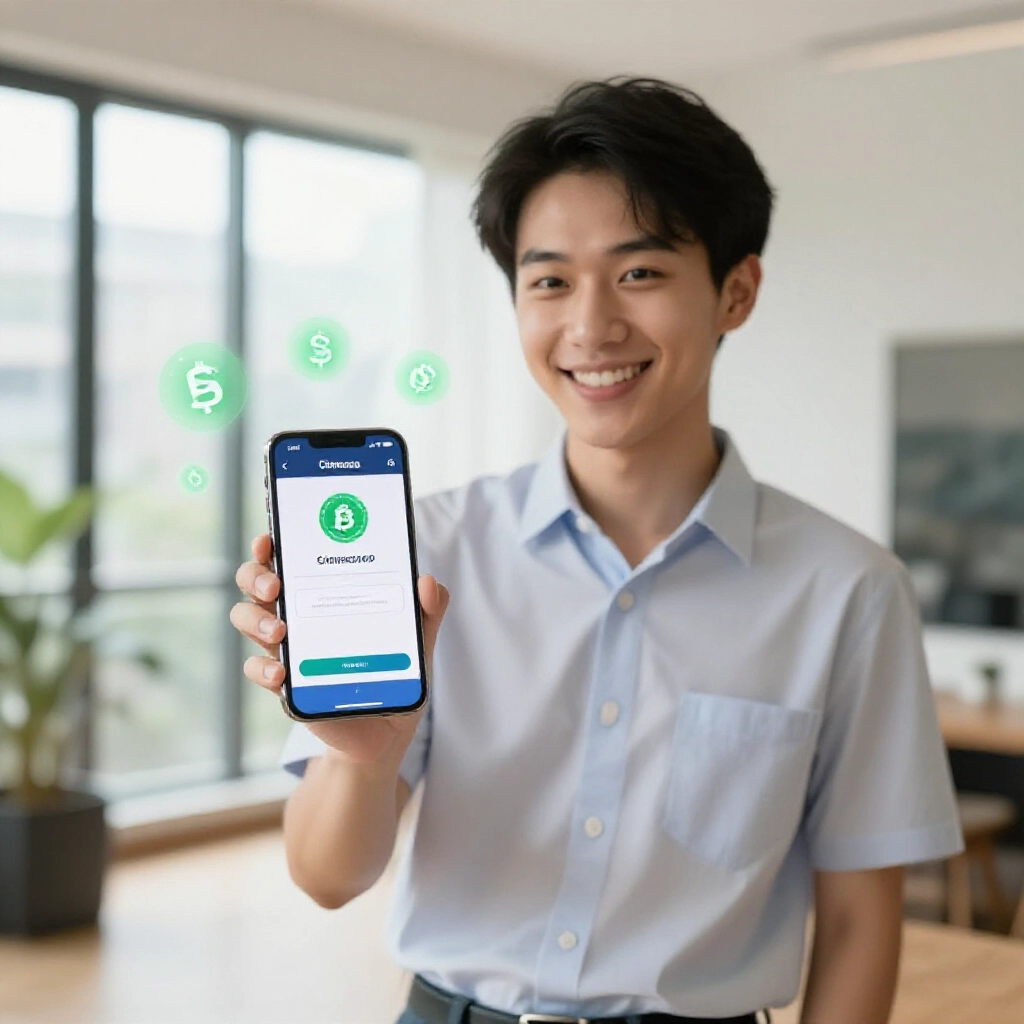台北年輕上班族在明亮公寓，手機秀 Coinbase 登入成功畫面，周圍浮現綠色可用標示與加密圖示，自然光線灑入