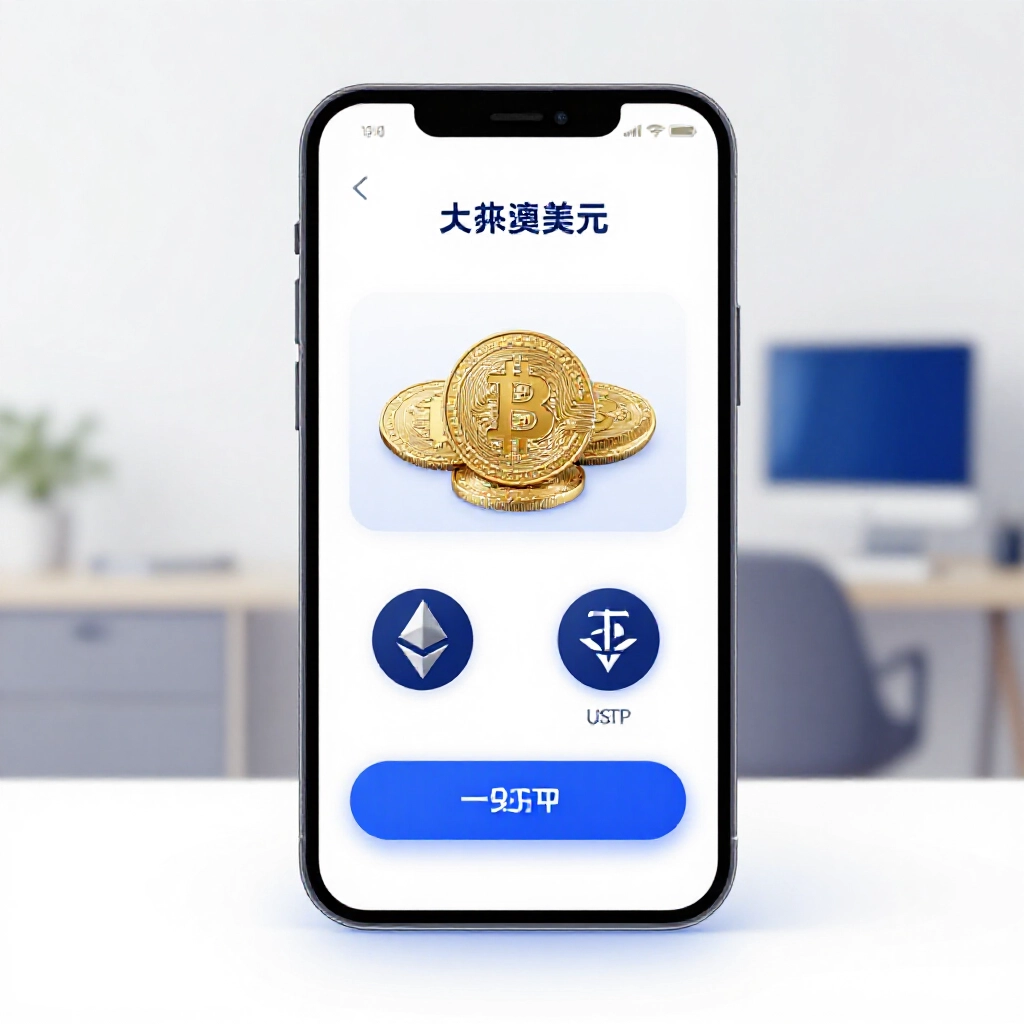 簡潔手機 App 介面，顯示新台幣一鍵購買比特幣、以太幣和 USDT 的直覺按鈕，背景為台灣現代居家辦公環境