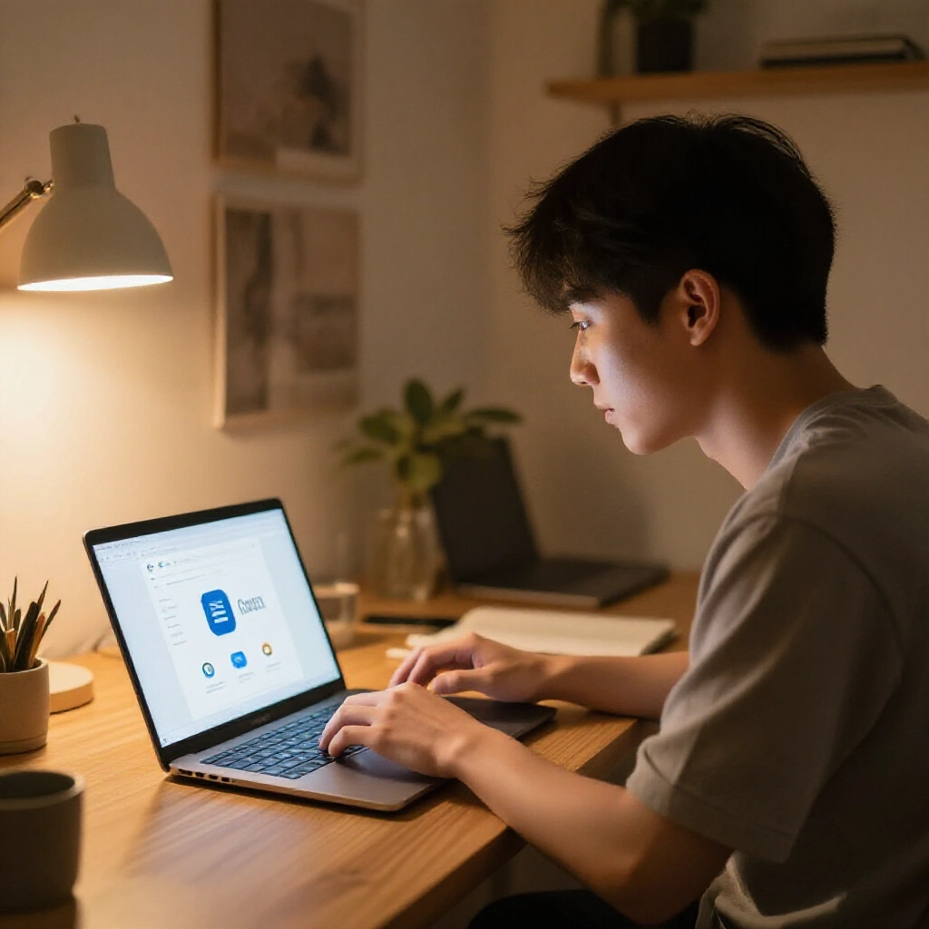 台北用戶在家用筆電操作 Gemini，整合 Google 搜尋與 Workspace，溫暖燈光下提升工作效率