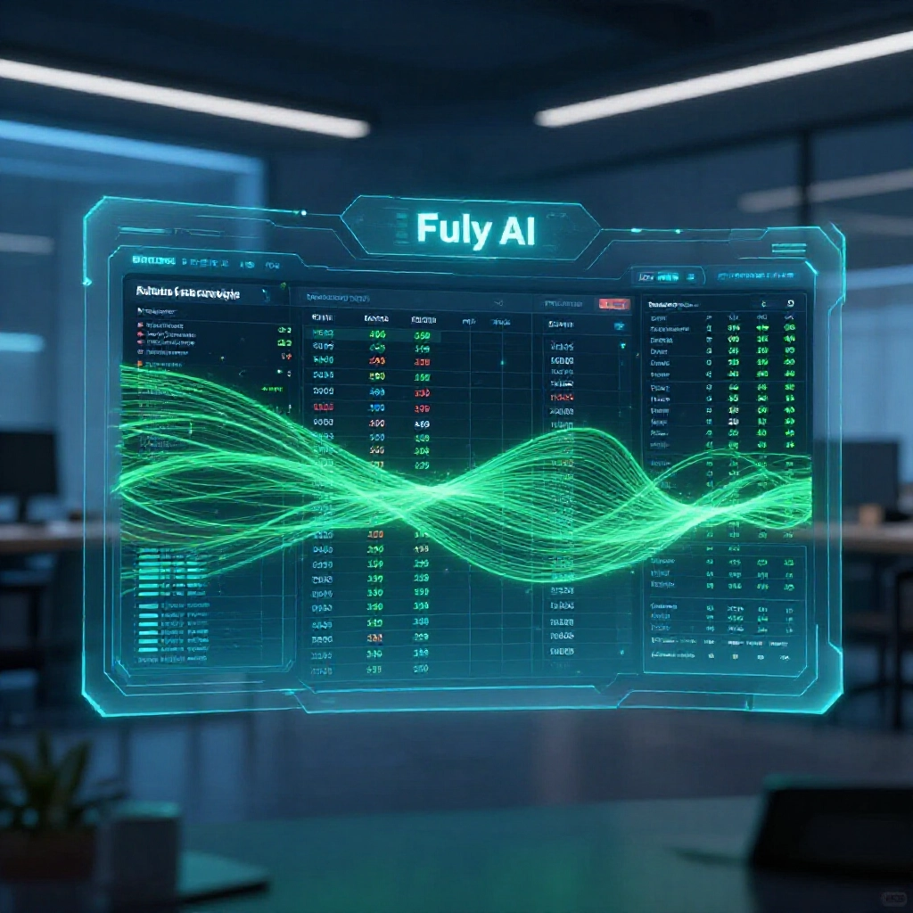 Fuly.ai 儀表板顯示自動放貸介面，連動 Bitfinex 圖表，藍光辦公室中綠色數據流動掃描高利率訂單