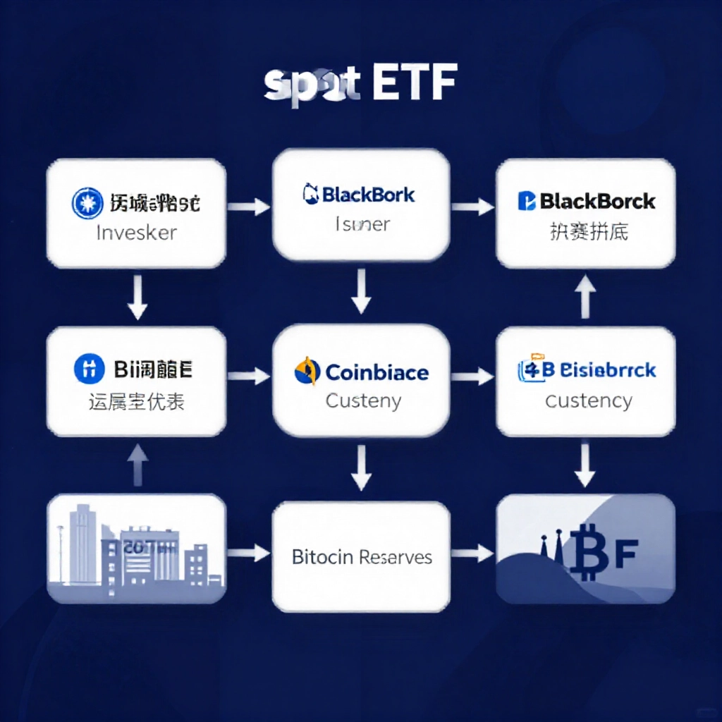 台灣投資人透過券商購買現貨 ETF 的流程圖，從開戶到貝萊德發行商及 Coinbase 託管比特幣儲備，展現安全清晰的過程