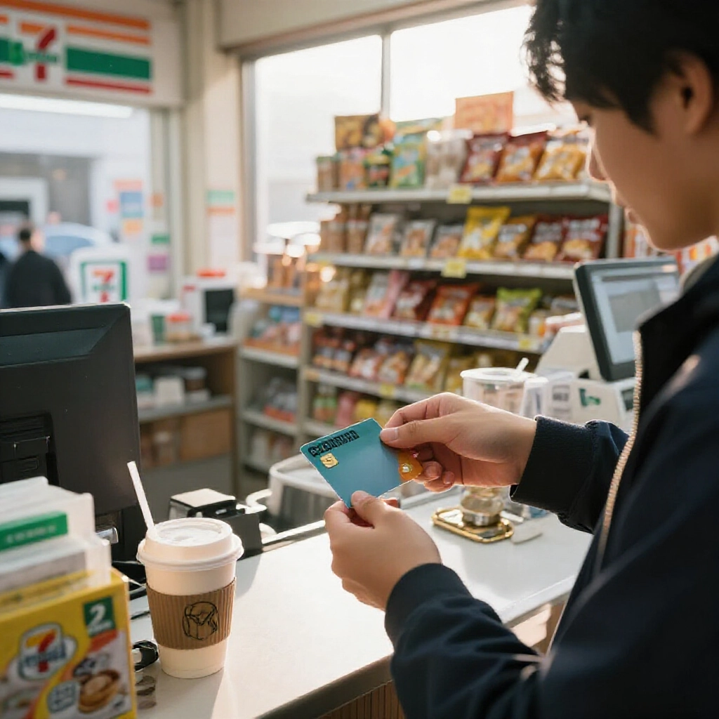 台灣用戶在熱鬧 7-11 櫃檯刷加密金融卡買咖啡，早晨陽光灑進店內，貨架滿滿零食，背景無縫扣穩定幣