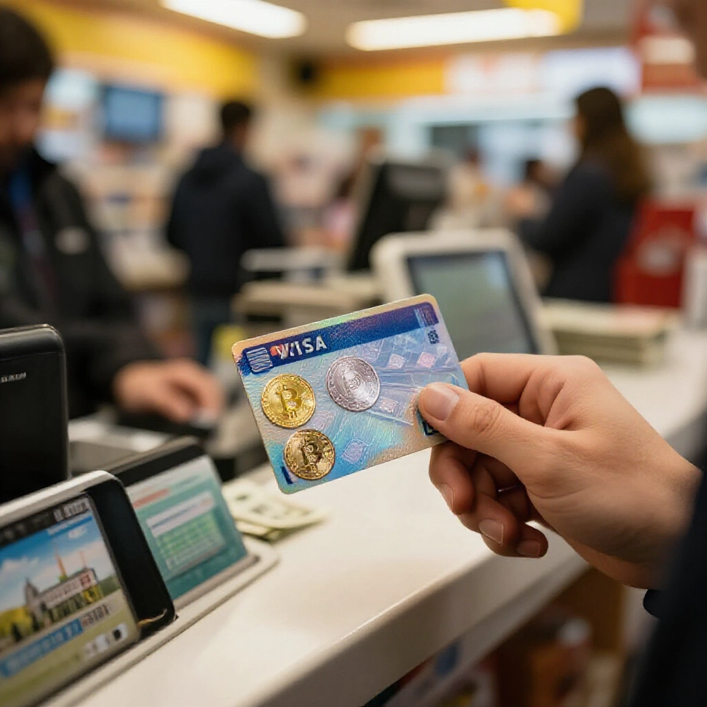 人在便利商店櫃檯感應 Visa 卡,加密資產即時轉現金,溫暖燈光忙碌購物氛圍