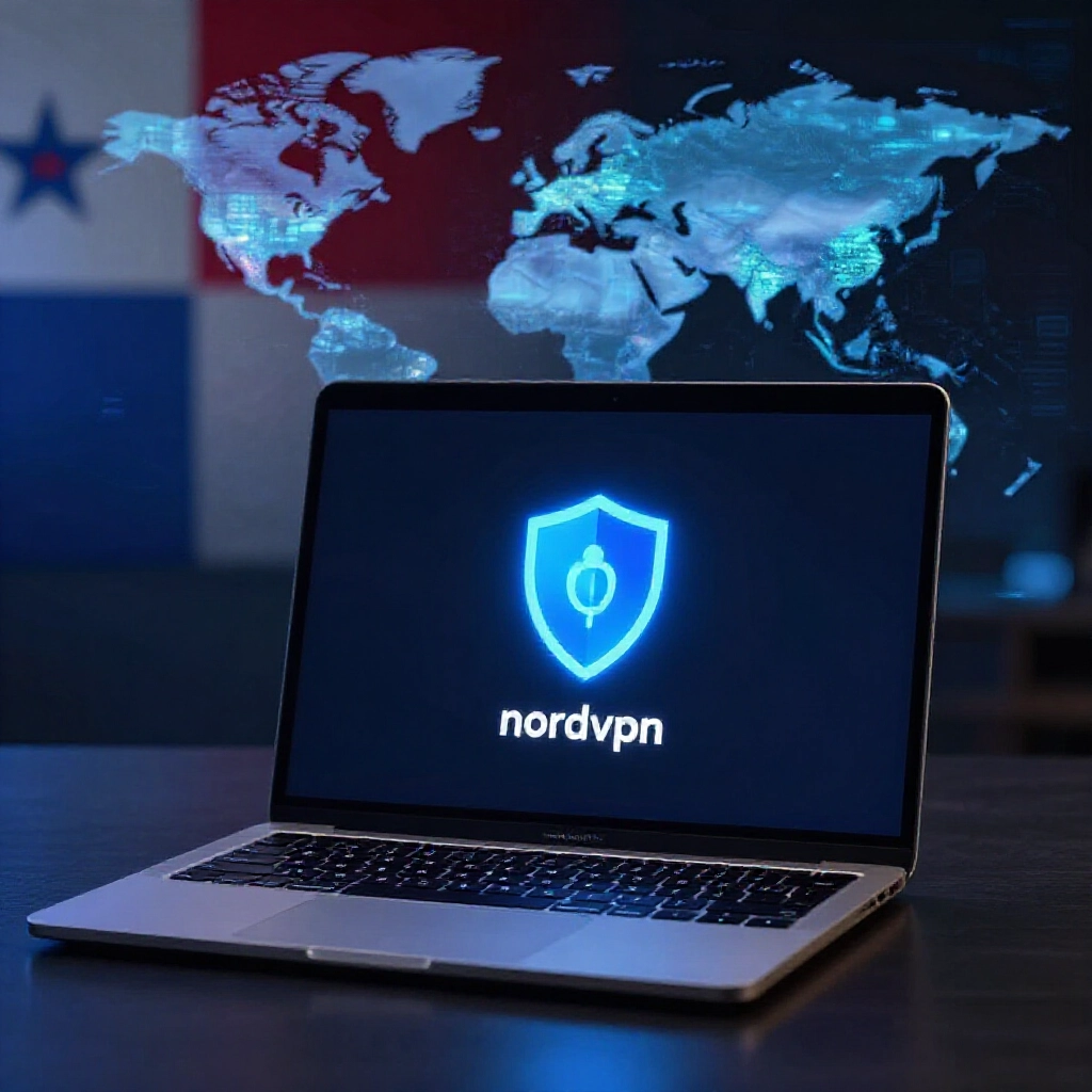 時尚筆電顯示 NordVPN App，藍色盾牌圖示閃耀，全球伺服器地圖背景，巴拿馬旗幟，霓虹網路氛圍暗室柔光