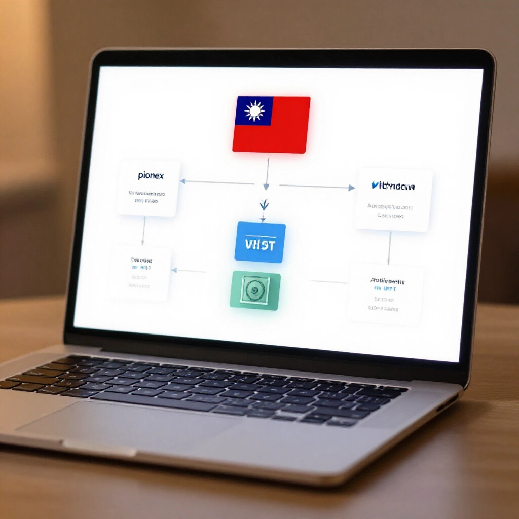 筆電上顯示 Pionex 賣 USDT 轉 MAX 或 BitoPro 的流程圖,帶台灣旗與銀行圖示
