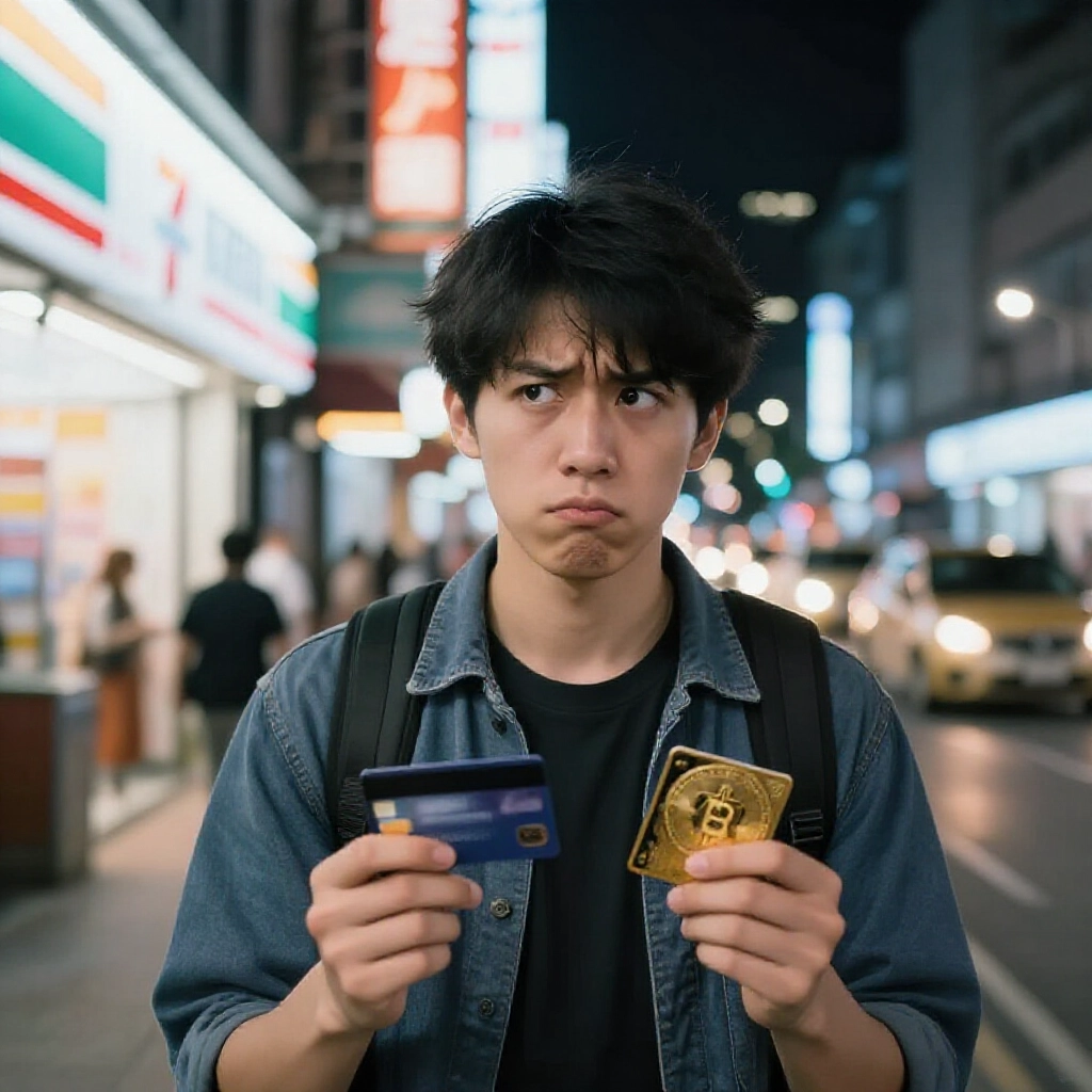 台灣用戶夜間 7-11 外拿銀行卡與加密卡,霓虹燈街頭若有所思表情,都市氛圍