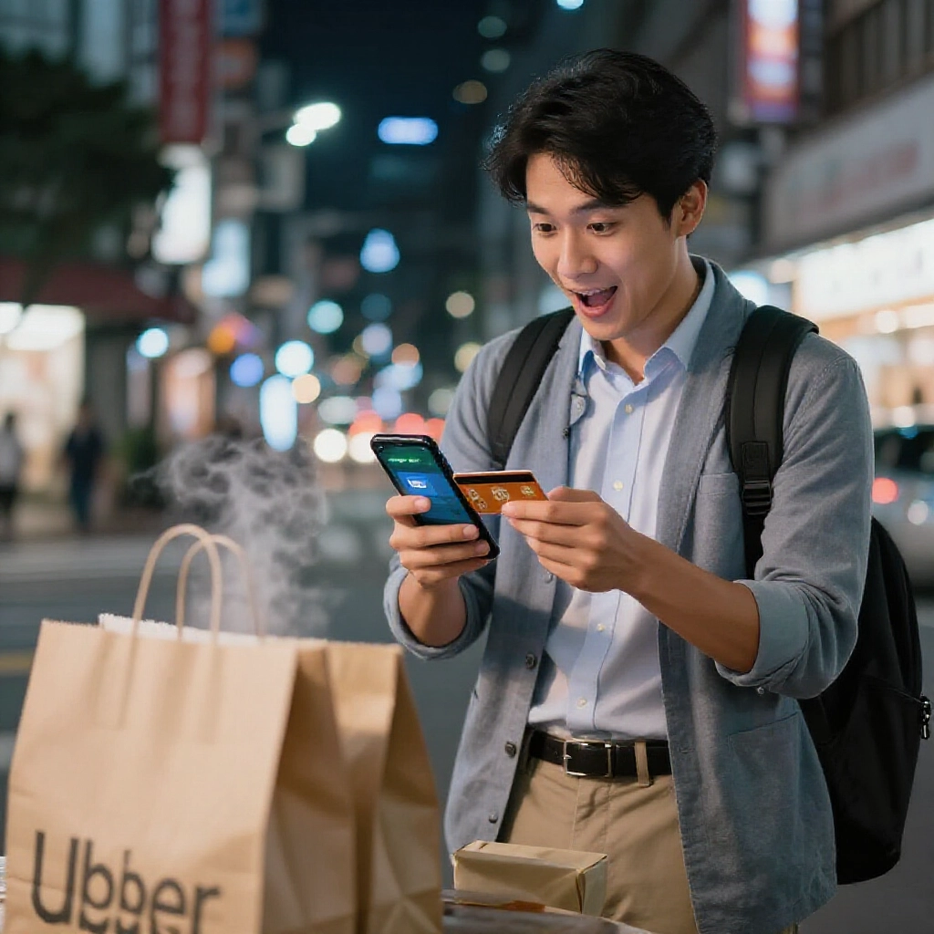 台北街頭年輕上班族綁定加密卡到手機支付 App，點 Uber Eats 外送，夜景燈光熱鬧，熱騰騰食物即將送達
