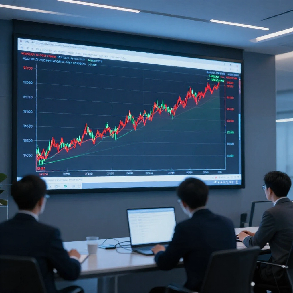 專業雙軸線圖顯示紅色VIX波動率上升與綠色S&P500股價下跌的反向關係，在現代交易室大螢幕上，西裝分析師專注檢視數據