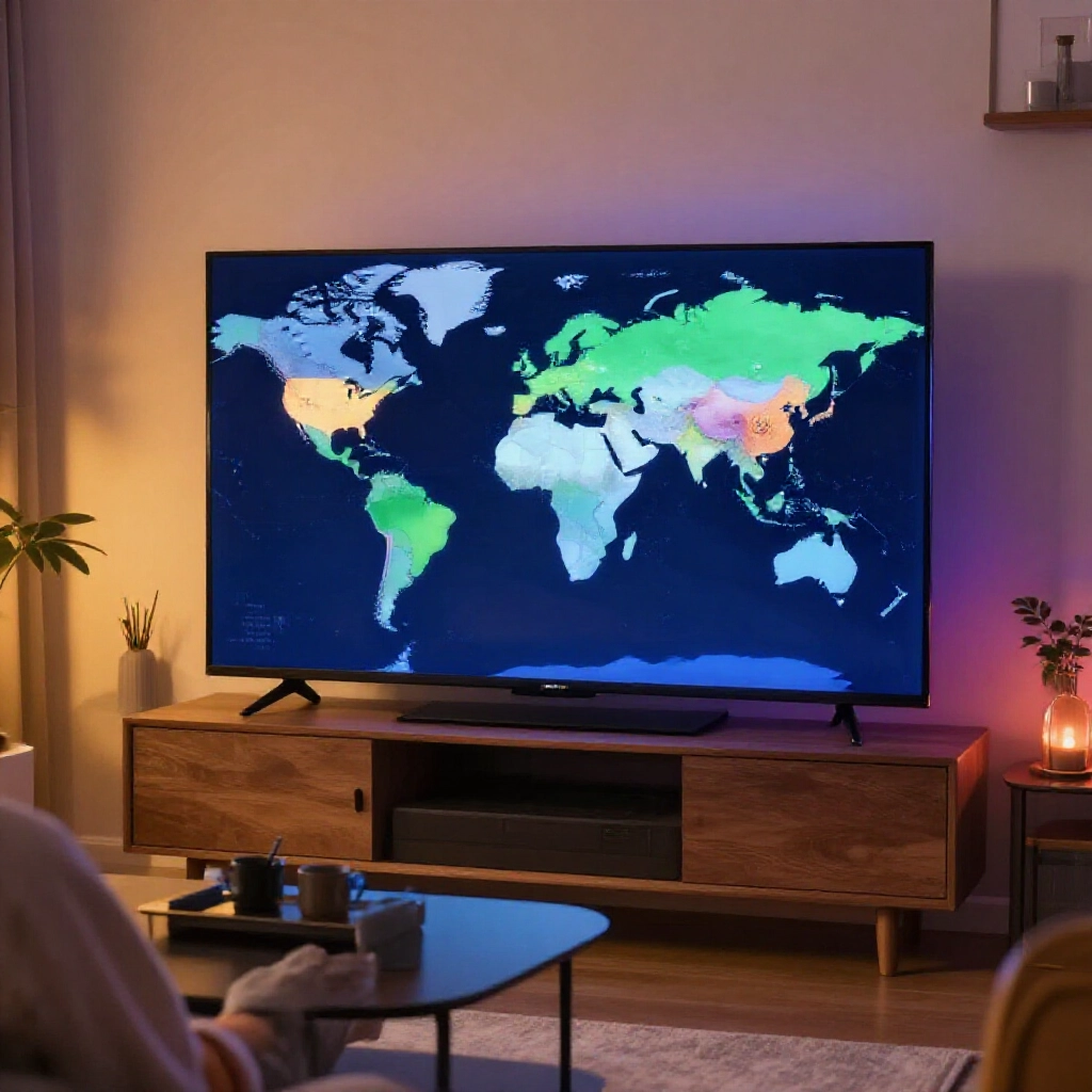 溫馨客廳，使用者用 VPN 在大電視看 Netflix，地圖標日本美泰伺服器，色彩鮮明溫暖燈光