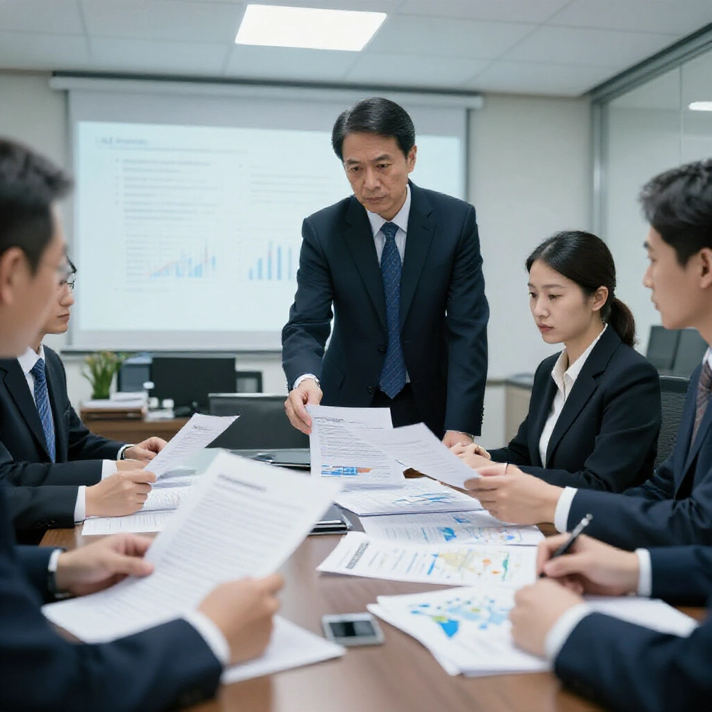 辦公會議室嚴肅金融監管員審文件，AML 合規圖表與全球卡發行商連台灣支付網，專業氛圍