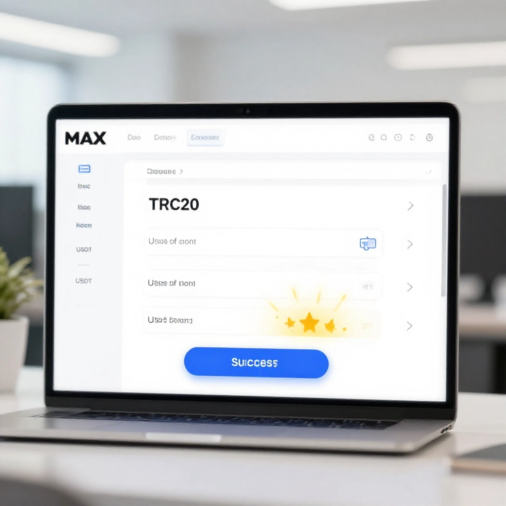 MAX 交易所介面顯示 TRC20 網路選項，旁邊有台灣銀行標誌，辦公室環境確認成功畫面亮起