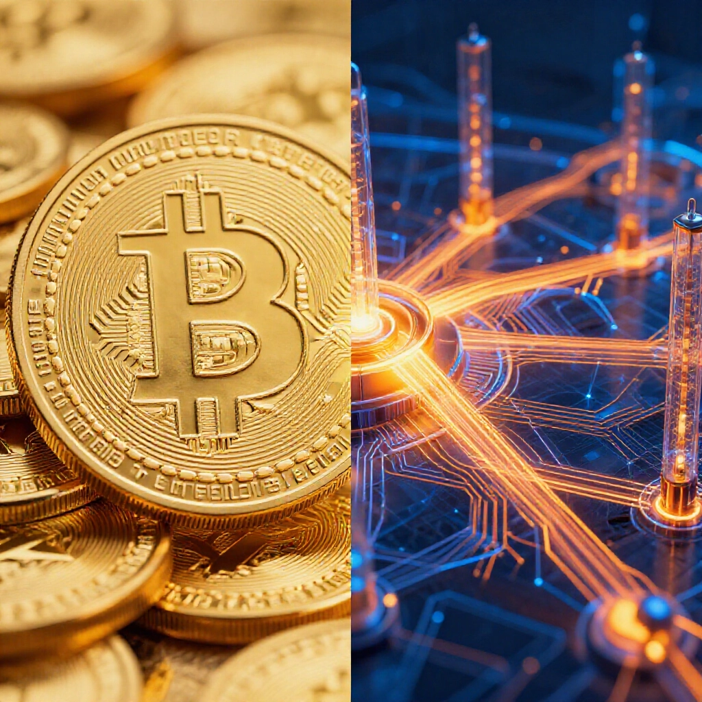分屏對比，金色比特幣如數位黃金在左，右側乙太坊廣闊基礎設施網路，電路與Gas燃料流動，明亮橙藍色調動感金融戰場