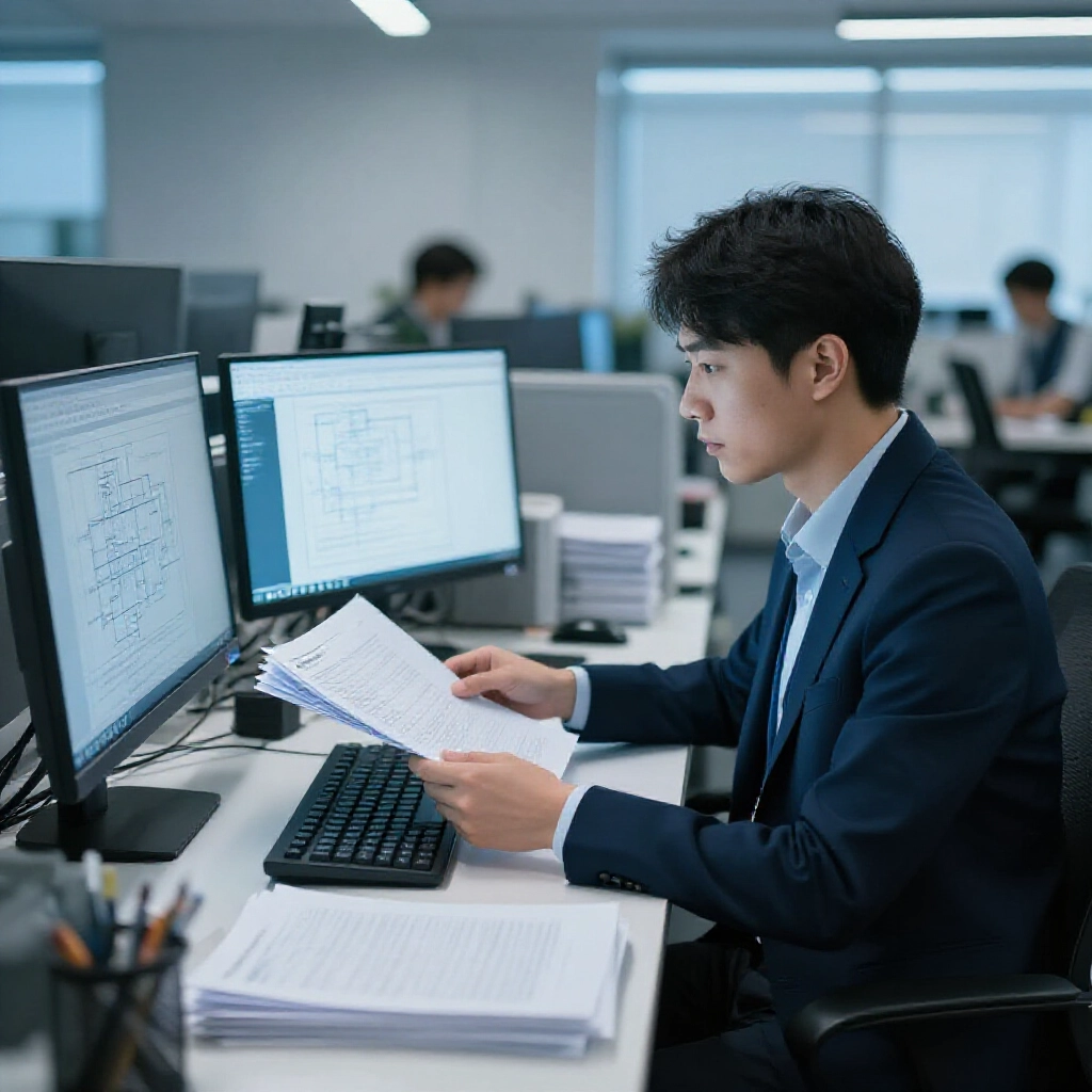 台灣科技公司辦公室，文管人員整理紙本文件與電腦上的工程圖與 ISO 圖表，整齊桌椅藍調燈光
