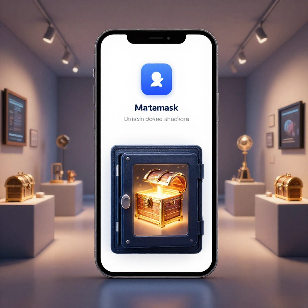 錢包連線畫面,MetaMask 圖示連結 NFT 平台,用戶掌控資產如發光寶箱,平台像展示廳滿載數位收藏品,柔和燈光氛圍