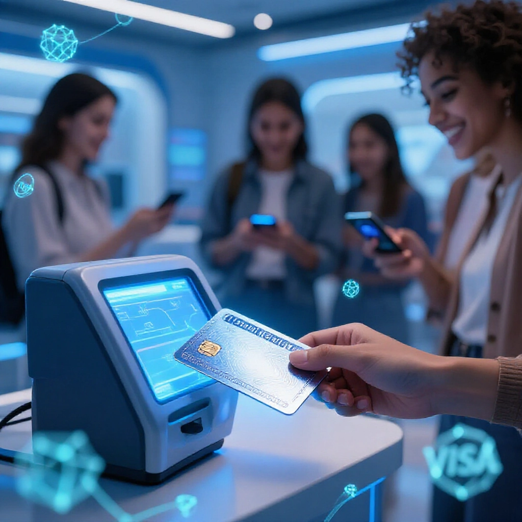 亮晶晶加密debit卡在支付終端順利刷卡，周圍環繞區塊鏈與 Visa Mastercard 符號，未來藍光商店年輕用戶查數位錢包
