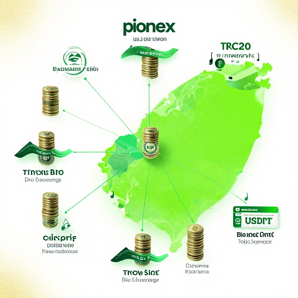 資訊圖顯示 Pionex 到 MAX/BitoPro 的 TRC20 轉帳路線,綠色成功色調帶台灣銀行